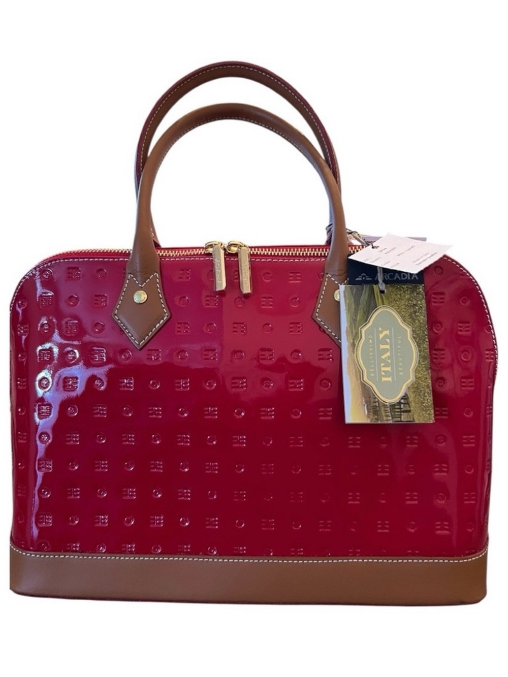Arcadia Red Patent Satchel with Brown Trim